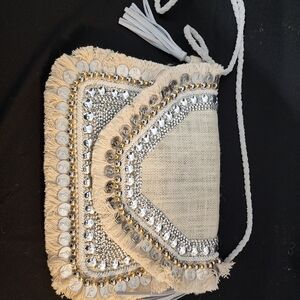 Elegant Silver and Cream Embellished Shoulder Bag